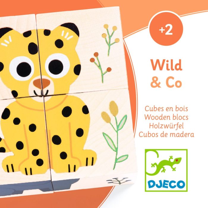 Puzzle din cuburi de lemn Animale salbatice, Djeco - imaginea 4